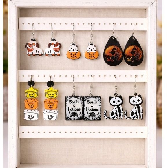 Jewelry - Halloween Earring Lot 6 Pairs Gothic Black Cat Skeleton Ghost Dog Spells Potions
